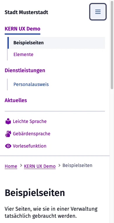 Geöffnetes Mobilmenü mit Hauptnavigation, zweiter Ebene und Servicelinks unter einem Trenner